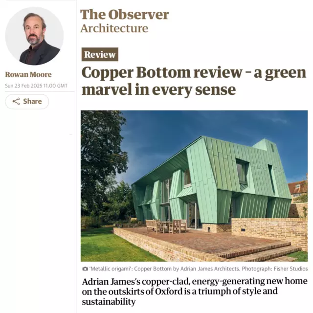 “A green marvel in every sense….It shows a way in which architectural enjoyment and sustainability can go together…..”
 
Rowan Moore, The New Review, The Observer. Read the full article via the link in our bio.

#rowanmoore #sustainable #sustainablearchitecture #sustainableliving #origami #sculpture #copperbottom #architectinoxford #Oxford #design #dreamhome #green #metallicorigami